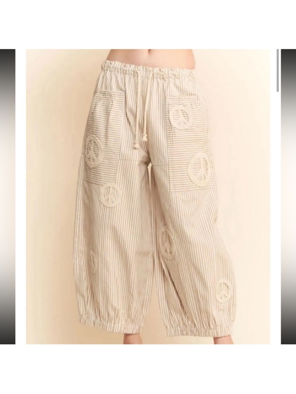 DAVI & DANI Cream Striped Wide-Leg Peace Patch Pants